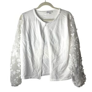 Sioni‎ White Cardigan Sweater With Sheer Puff Sleeve Floral Embroidered XL